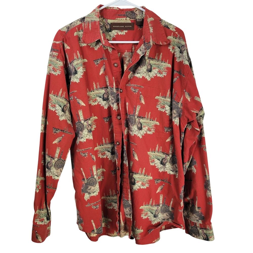 Woodland Trail Button Up Long Sleeve Shirt XL Wild Turkey's Hunting Birds GUC